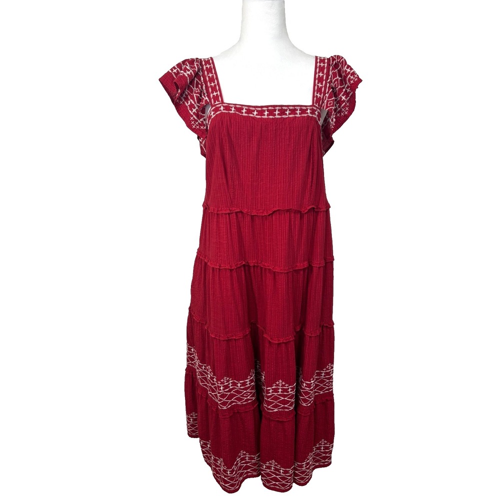 Knox Rose Womens Red Embroidered‎ Tiered Midi Dress Sz M Prairie Boho Cottage - Picture 2 of 10